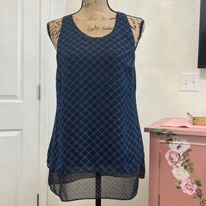 CABi dressy sleeveless blouse, layered, navy, black, white print, Size Small